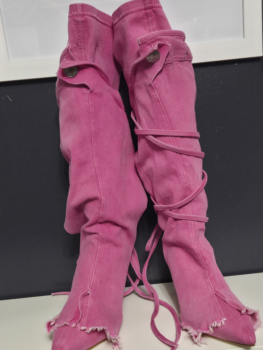Pink Cloth Lace-Up Knee-High Boots